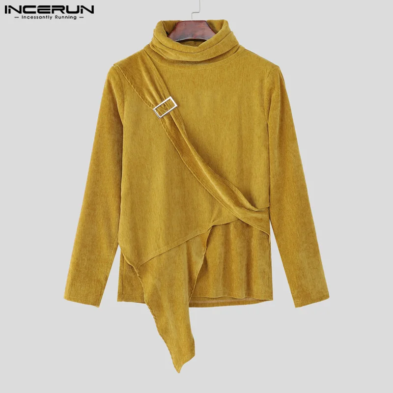 INCERUN الرجال تي شيرت بلون الياقة المدورة طويلة الأكمام محبوك عادية الذكور المحملة القمم الشارع الشهير 2025 موضة غير النظامية تي شيرت