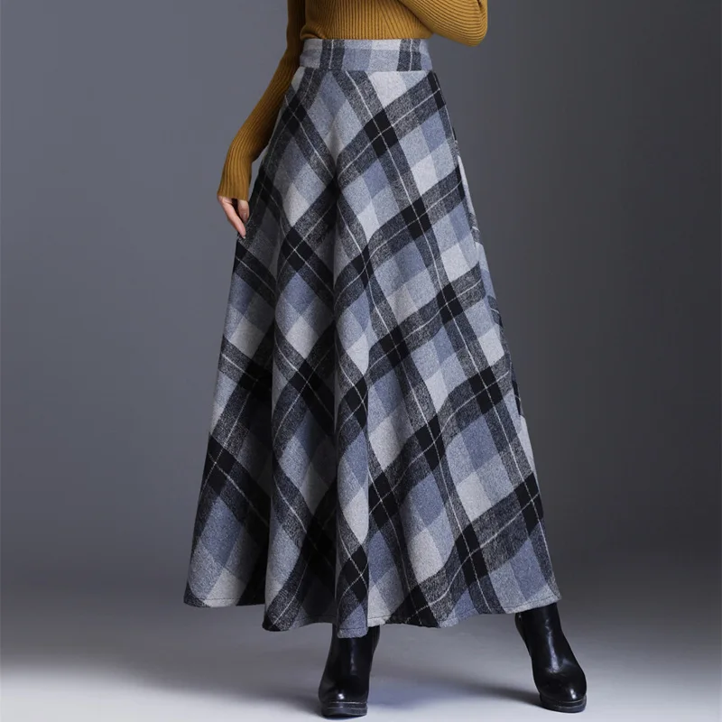 #1712 Winter Woolen Skirt Women Loose Vinage Plaid Long Skirt Ladies High Waisted A-line Skirt Woman Thick Ankle-length