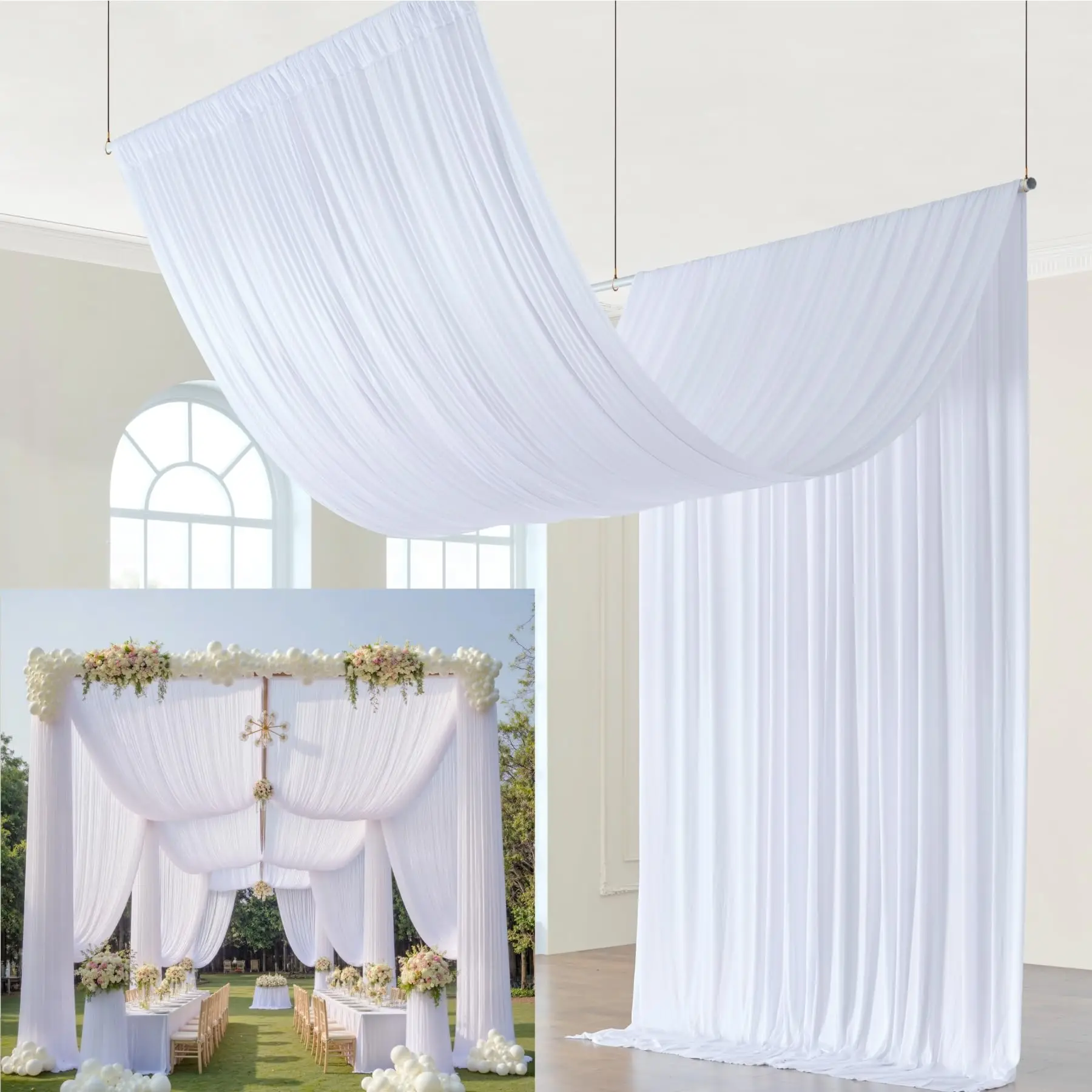 5FTx20FT White Backdrop Ceiling Drapes Wrinkle Free Tent Draping Curtains for Wedding Ceremony Birthday Parties with Rod Pocket