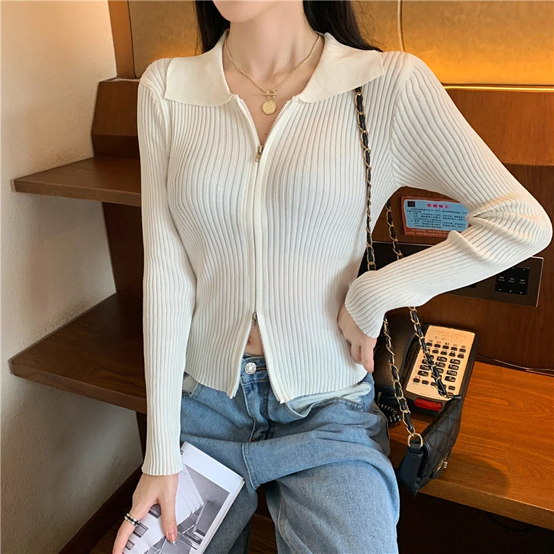 New Autumn Winter 2023 Women Cardigans Zipper Long Sleeve V-neck Knitted Sweater Cardigan Fashion Short Knitwear Solid Jumpers