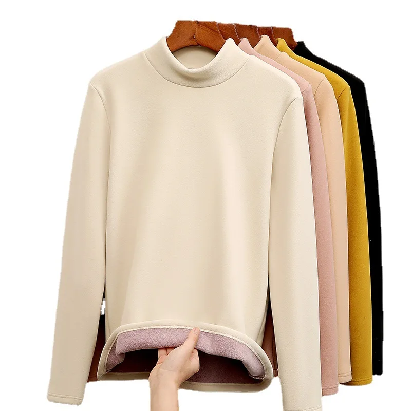 المرأة تي شيرت سميكة الصوف الدافئة الخريف الشتاء محبوك قاع قميص طويل الأكمام الياقة المدورة التي شيرت عادية الكورية تحت قميص