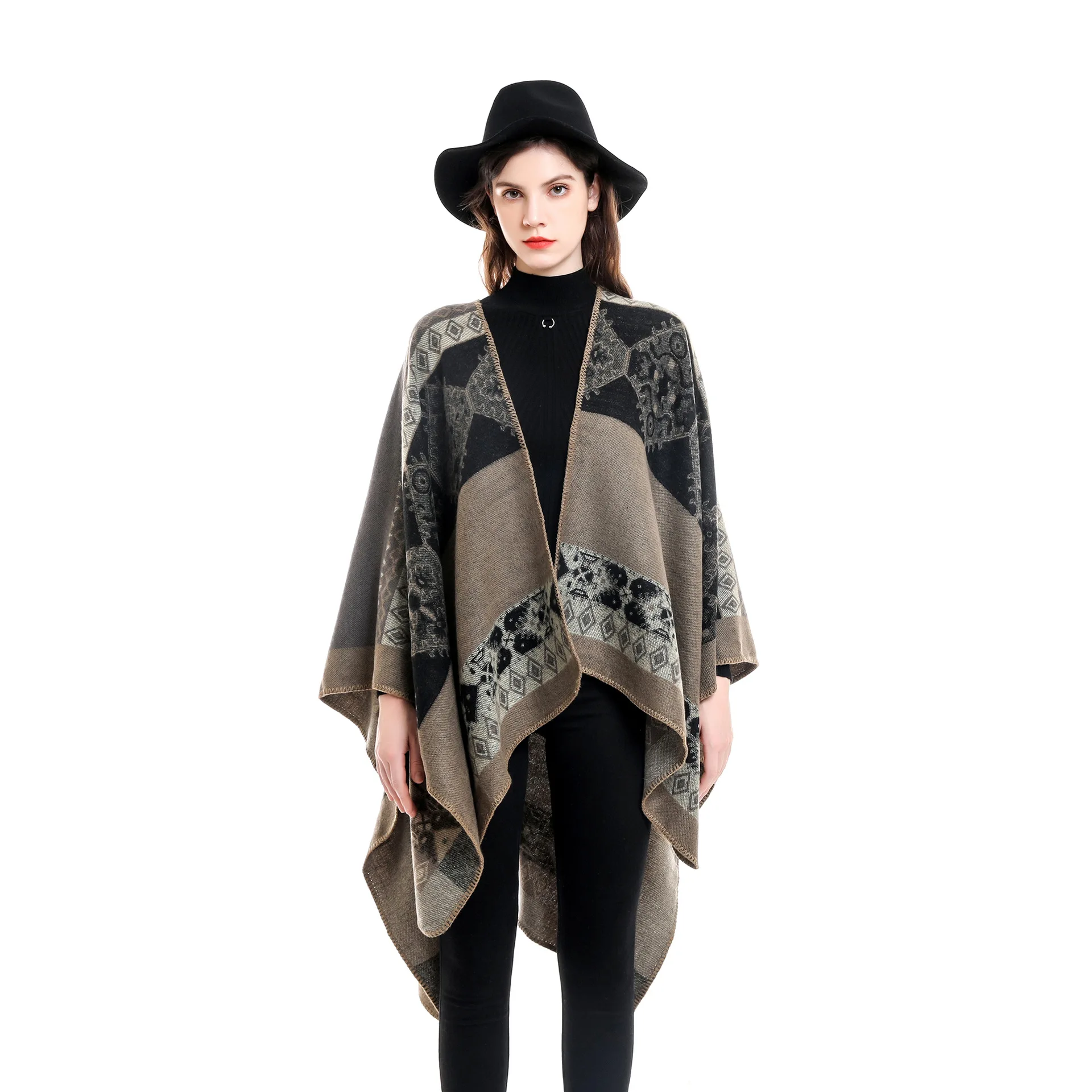 

Outstreet Wear Loose Cape Winter Knitted Faux Cashmere Printed Poncho Cloak Women Split Cardigan Long Blanket