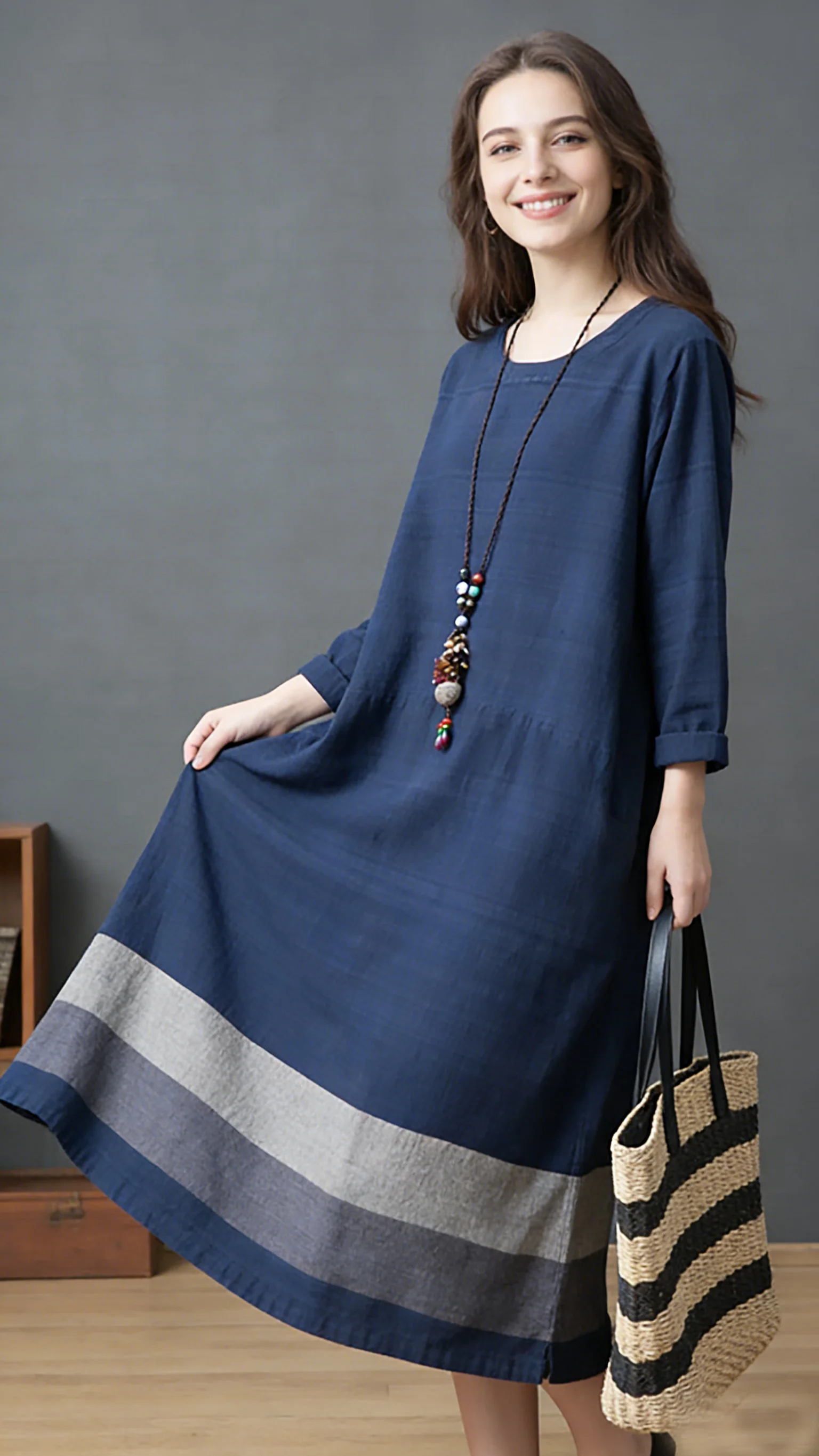 Spring Autumn Women Navy Blue Cotton Linen Crew Neck 3/4 Sleeve Loose Midi Dress With Pockets Contrast Hem Casual