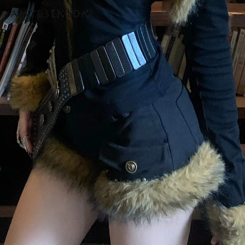 Punk Dark Gothic Sweet Cool Sexy Women's Clothing Original Design Autumn Winter Hot Girl Rivet Furry Spliccing Shorts Ladies