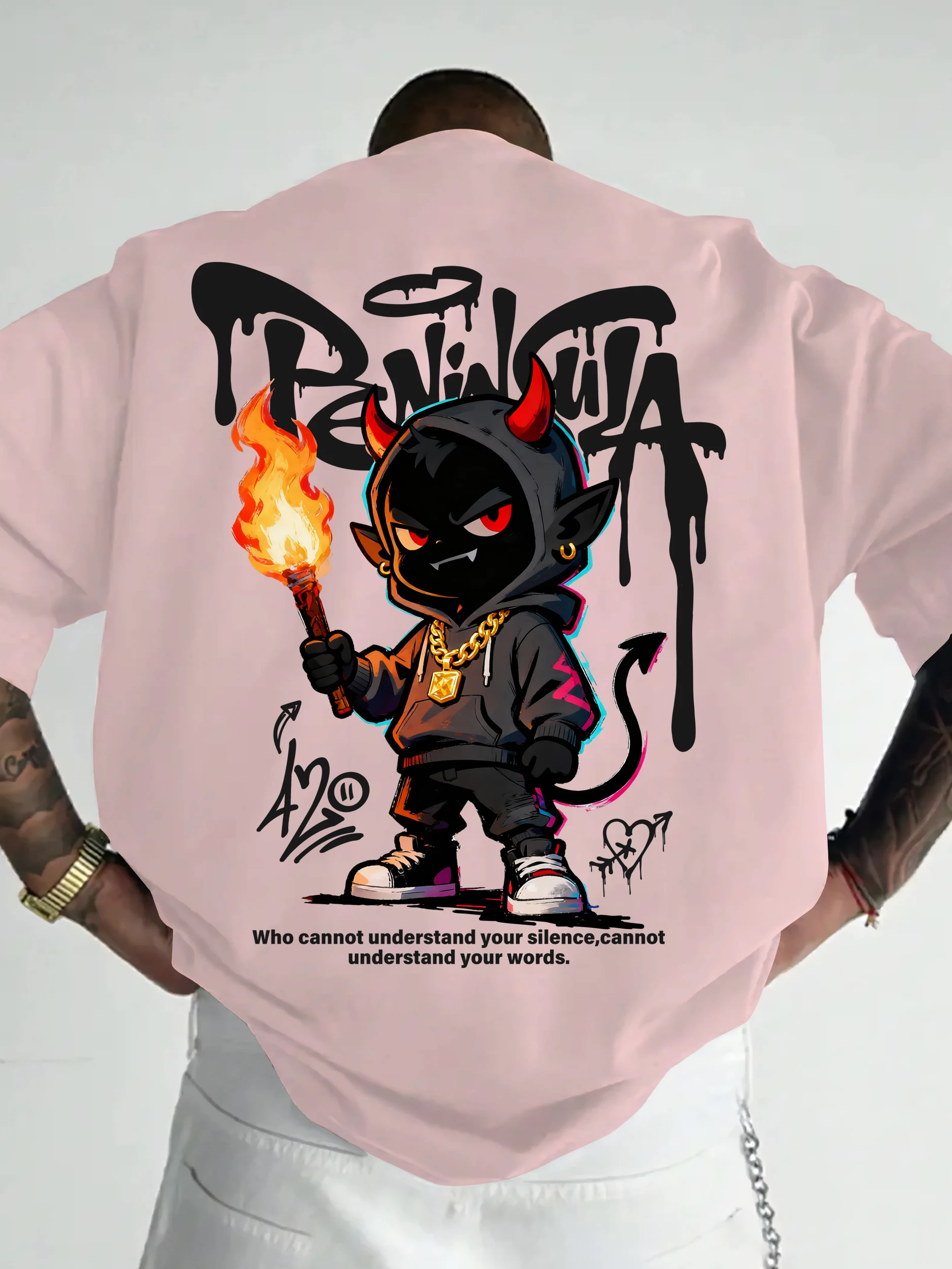 Streetwear-Style Cartoon-Teufel-Graffiti-Print auf Premium 100% Baumwolle Herren T-Shirt Perfekt für Sommerlichen Urbanen Stil – Detail 3