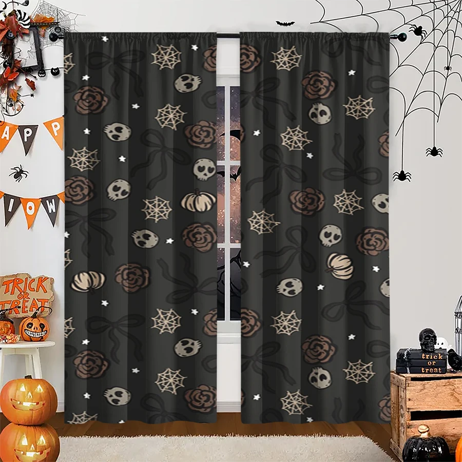 2PCS Digital Print Curtain, Skulls Spider Webs Pumpkins, Black Halloween Gothic Pattern Style for Living Room Bedroom Decor