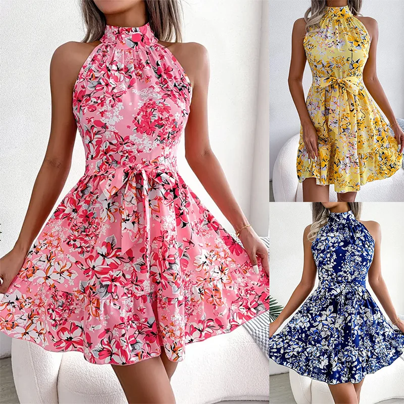 

Temperament Lace-Up Ruffle Big Floral Sleeveless Halter Neck Waist Floral Printed Suspender Shirt Dress Casual Beach Dress