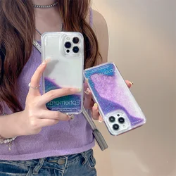 Glitter Purple Quicksand Shell for iPhone 14/13 15 Pro Max 16 14 Phone Case Moving Sand Powder Hard Art Letter Cover Clear Funda