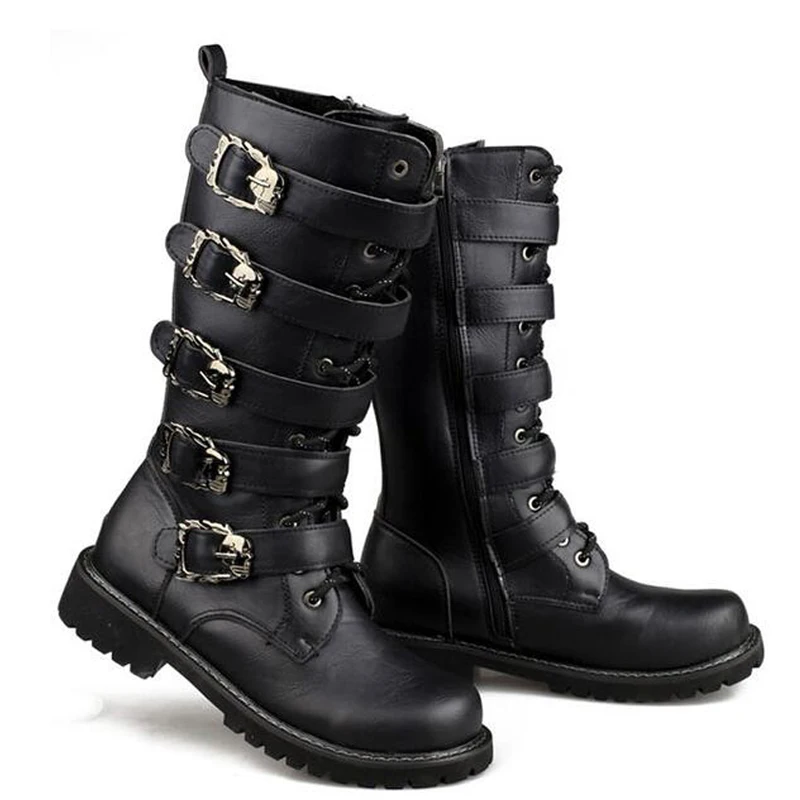 Winter Men Motorcycle Boots 2024 Fashion Mid-Calf Punk Rock Punk Shoes Mens PU Leather Black High top Casual Boot Man