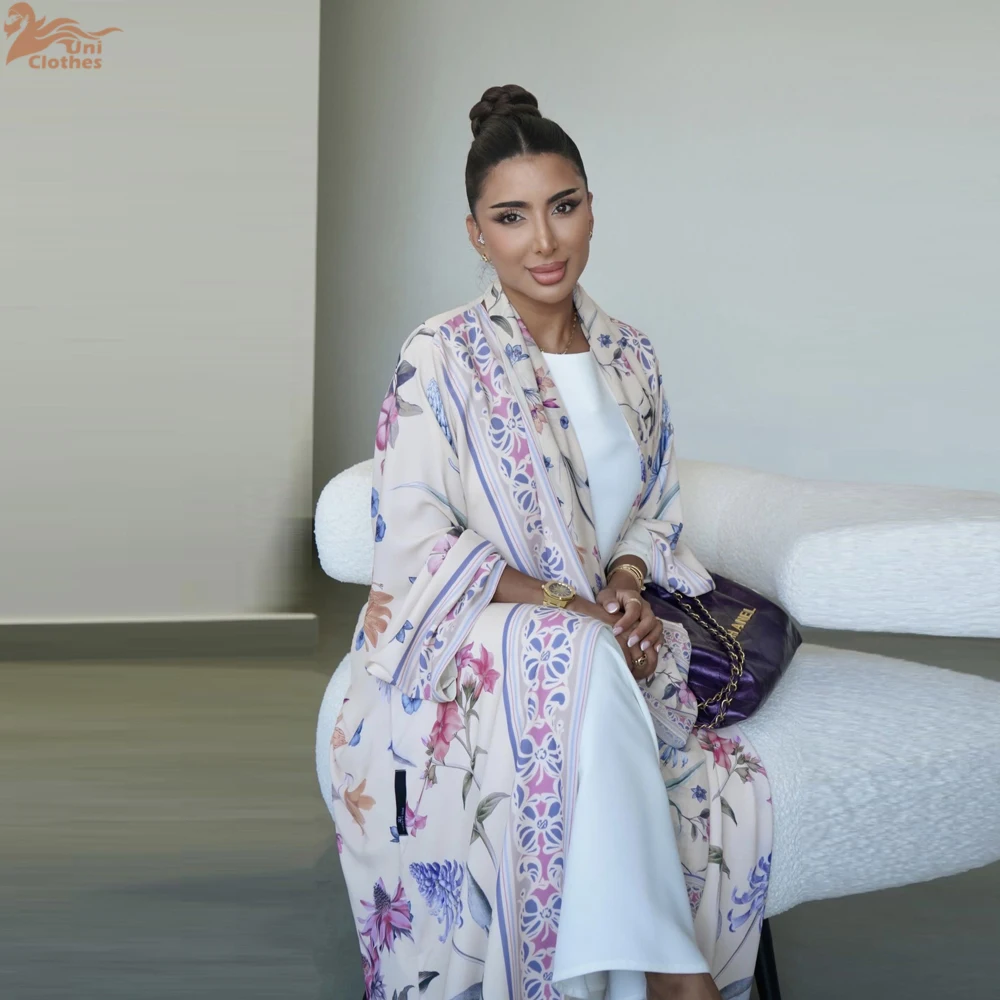 2025 Summer Dubai Abaya 2 Piece Set Floral Cardigan with Hijab for Muslim Women Islamic Eid Ramadan Arabic Clothing