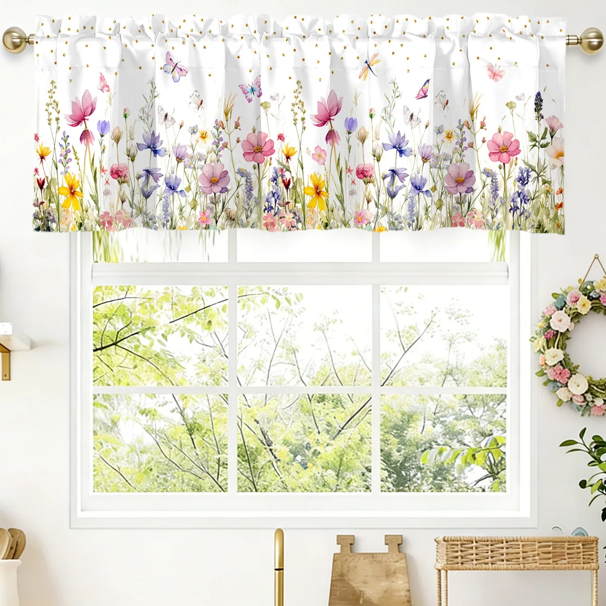 Spring Wildflower Curtain Valance Sunflower Floral Rod Pocket Window Treatment for Living Room Kitchen Bedroom Home Decorations