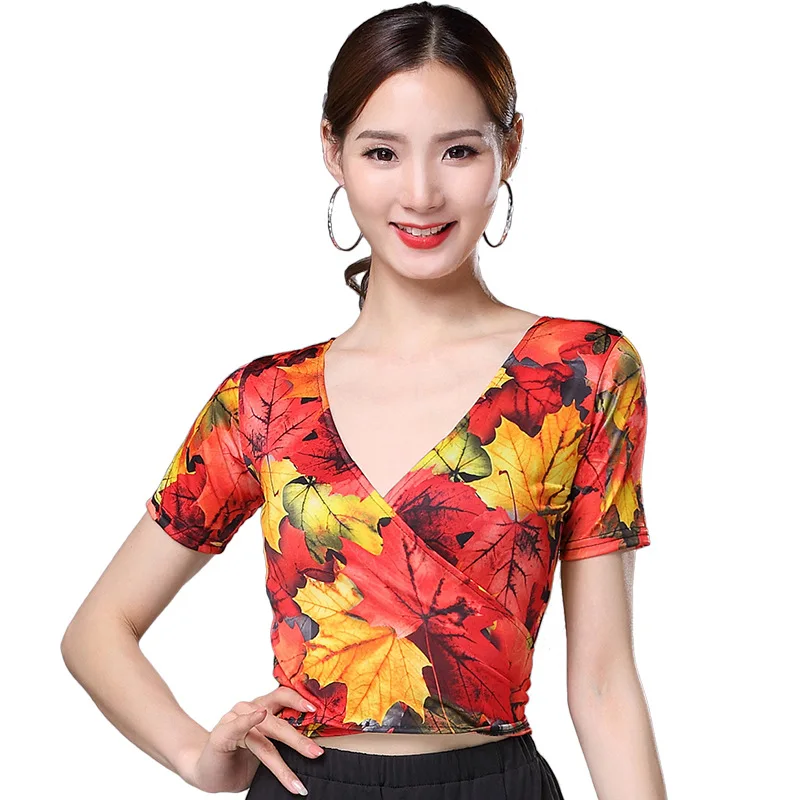 Top de baile latino con estampado floral para mujer, top corto informal, 1 unidad por lote