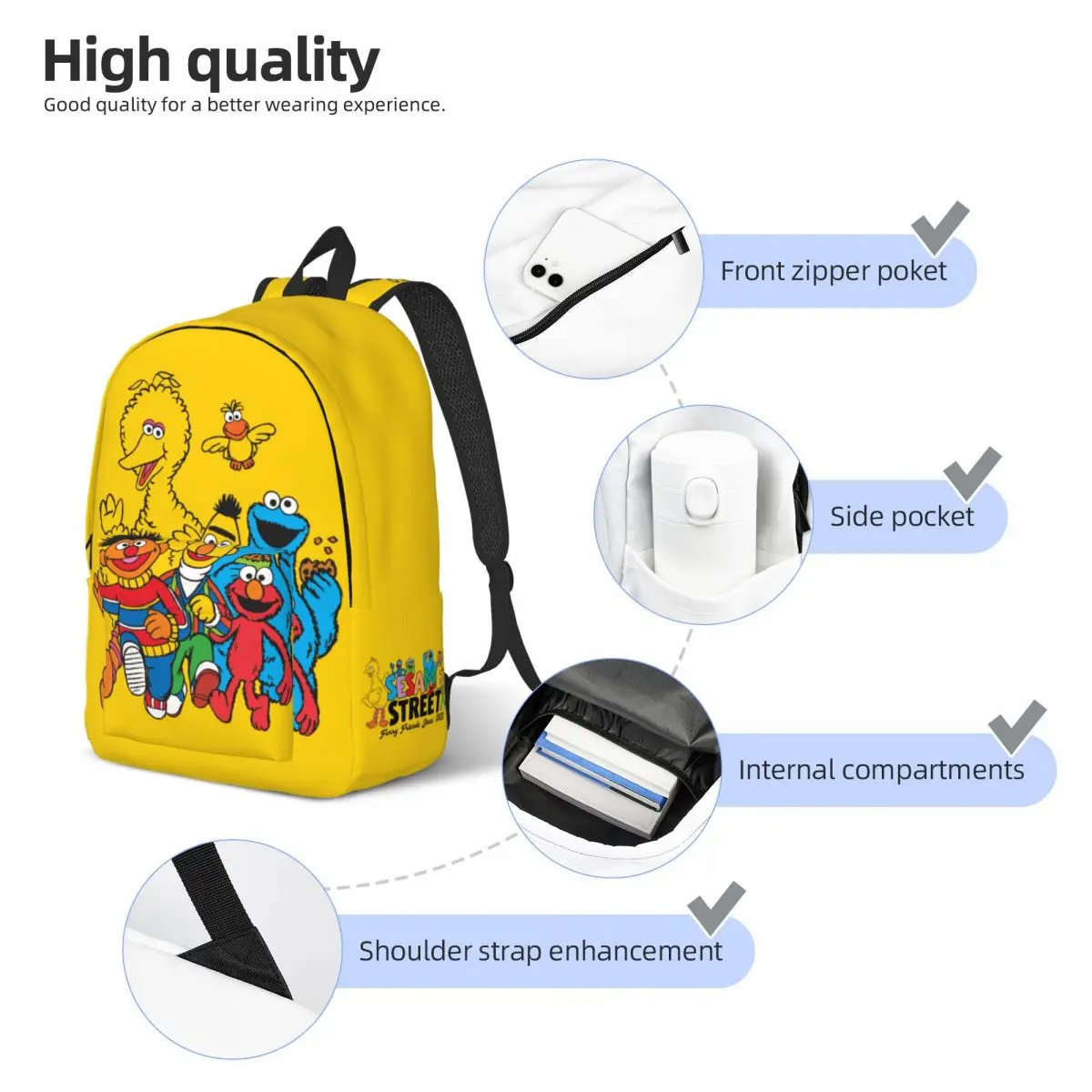 Elmo Cookies Monsters Cartoon for Men Women Student School Bookbag Street Sesamee Daypack Middle High College Hiking