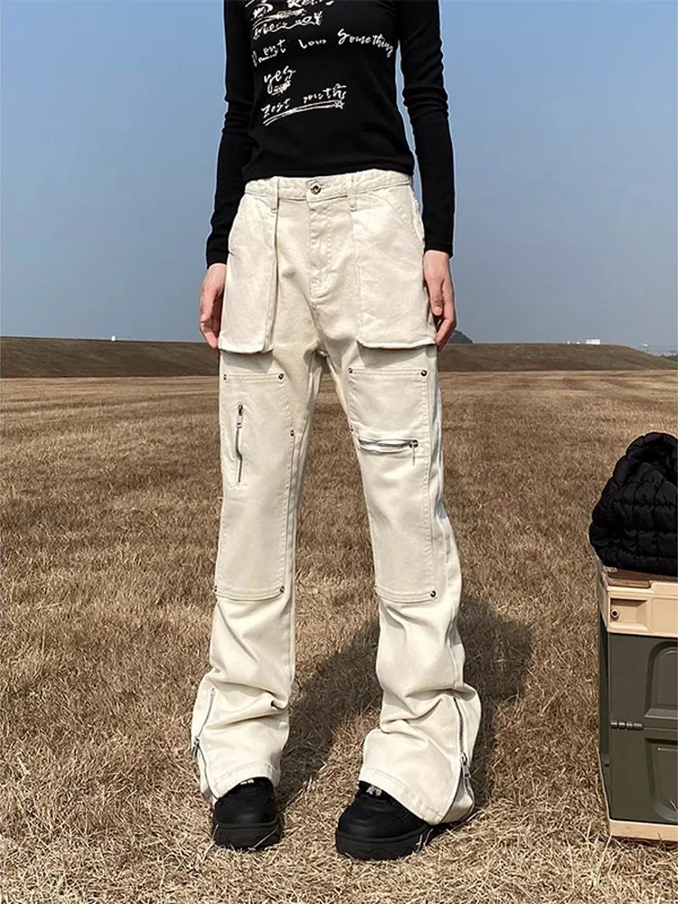 

High Waist Thiened Fce Lined Straight Leg Workwear Jeans Men Women Autumn Winter American Retro High Street Design Jeans