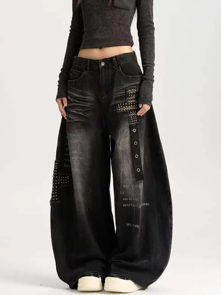 Women's Baggy Jeans Y2k Japanese Streetwear Cross Dark Academia Men American Retro Denim Pants Wide Fit Grunge Harajuku Cowboy