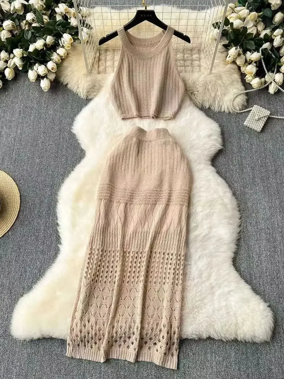 

New Women Knitting Solid Color Tank Top Texture Slit Dress Ladies Beach Sunscreen Dress Suit Hollow Out Beachwear