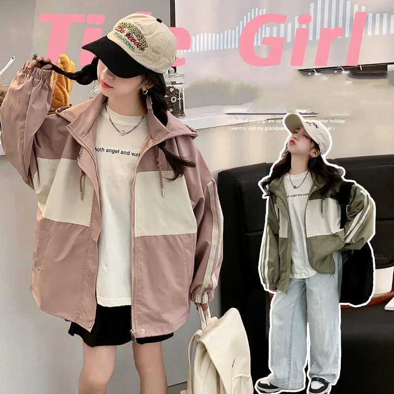 

Korean Spring Autumn Junior Girl Outdoor Jacket Elementary Girl Contrast Hooded Zipper Sweat Jackets Children Girl Sport Coats