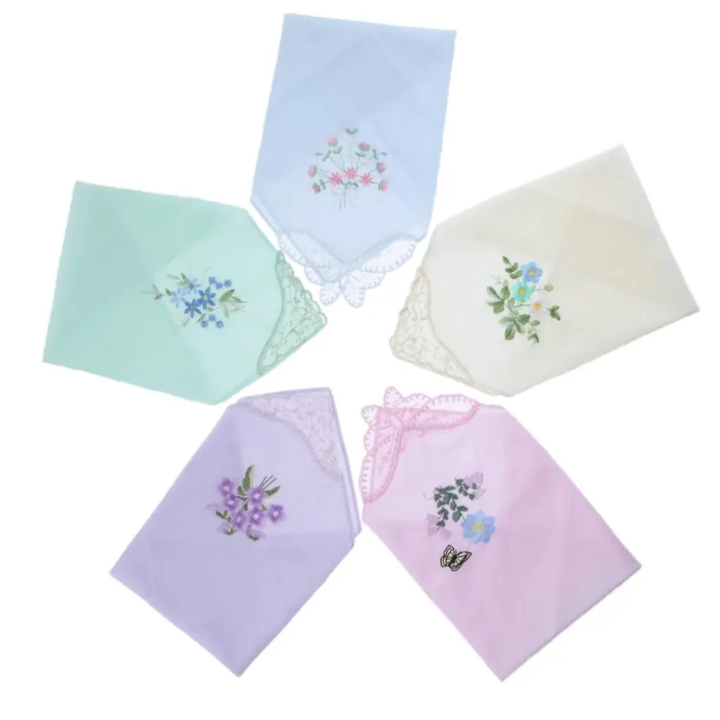 Women’s Elegant Lace Cotton Handkerchief Floral Embroidery Hanky Set for Special Occasion Gift