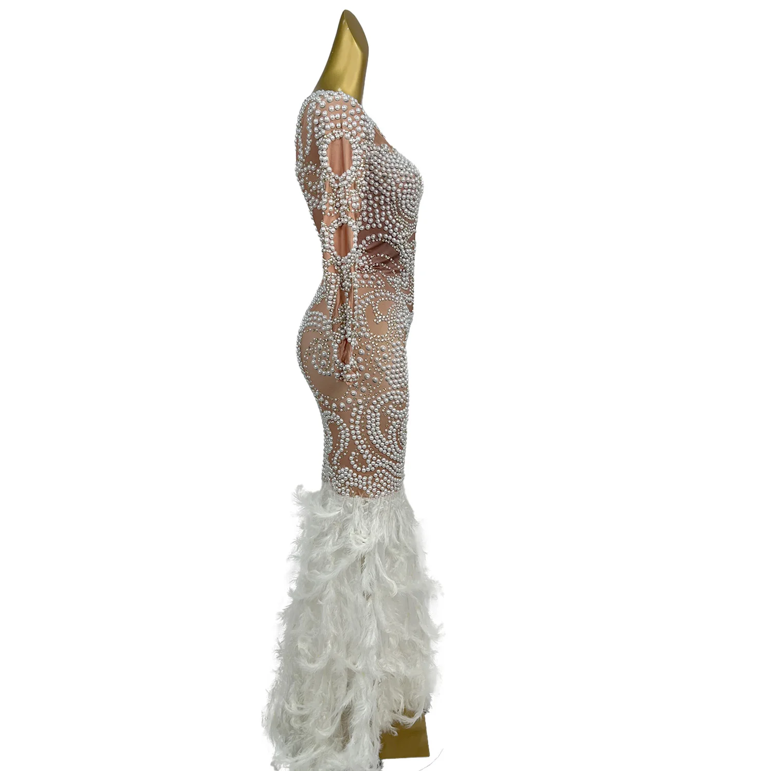 Zhenzhuyumao Gorgeous Pearl Feather Patchwork Ddress Banquet Birthday Christmas Halloween New Year's Party Fishtail Dress