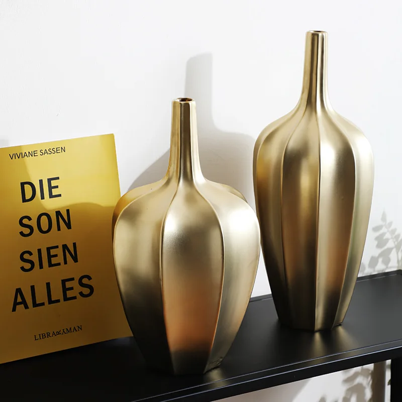 Ceramic gold vase decor Electroplated vase ornaments Living room dried flower planter Creative home entrance decor ornaments