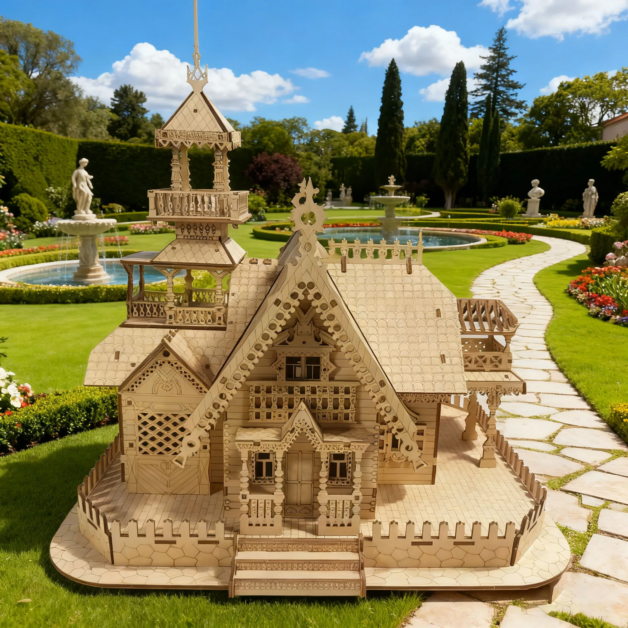 3D Wooden Puzzle: Deluxe Villa Model DIY Handcrafted Assembly Educational Hobby Enhances Manual Dexterity Suitable for Adults