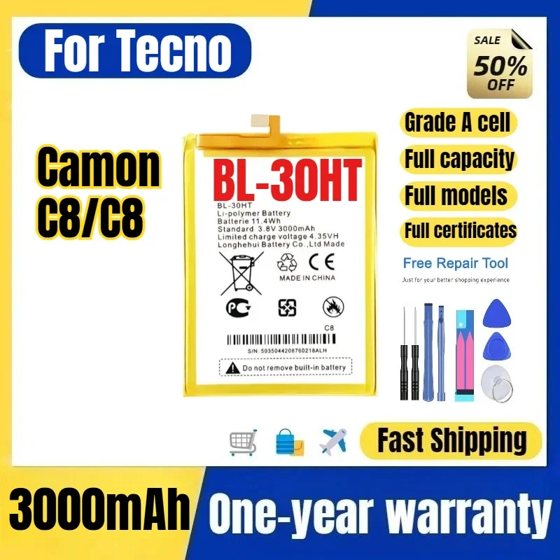 BL-30HT for Tecno Camon C8/C8 Phone Battery 0 Cycle High Quality  Capacity Battery Replacement Bateria Grade A Cell with Tools