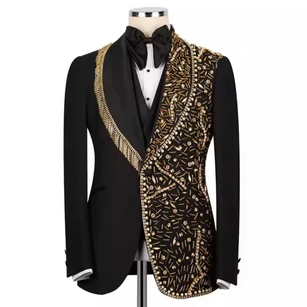 بدلة رائعة الرجال مطرز الأحجار سترة سترة السراويل 3 قطع مجموعات العريس الزفاف البدلات الرسمية مخصص رجل الأعمال ملابس الحفلات #2