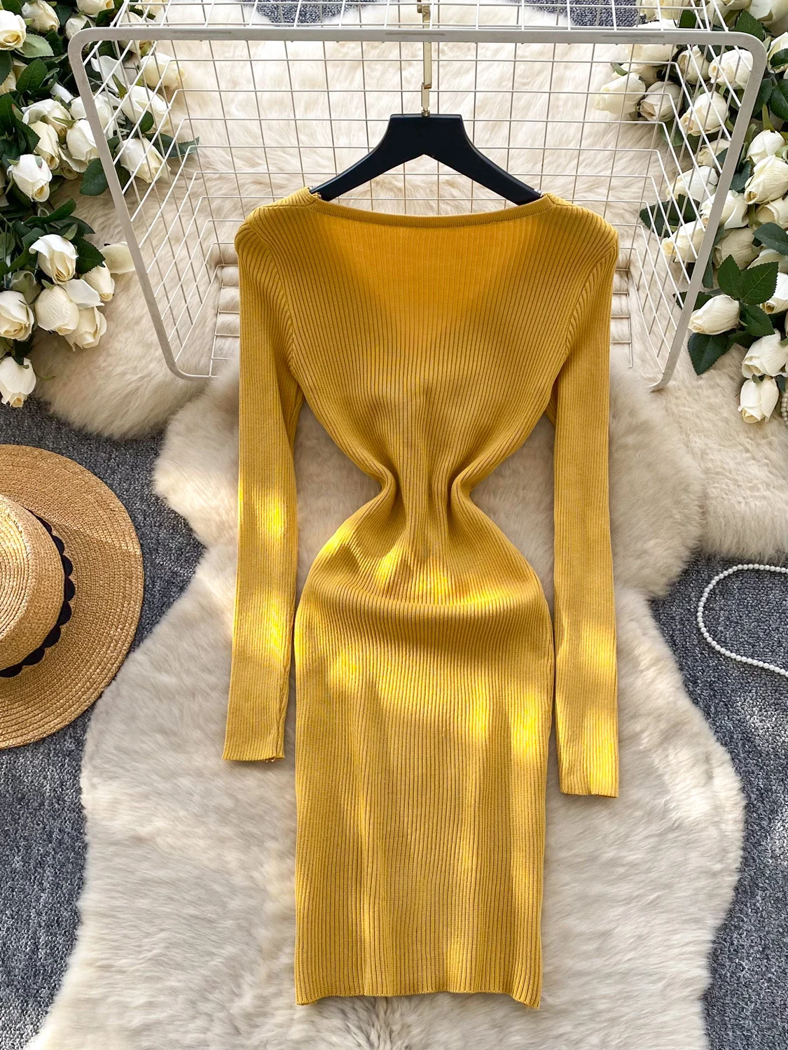 Slim Fit Long Sve V Ne Knitted Dr Wrap Waist High Waist a Line Skirt for Women Autumn Winter Faion Ci Commute