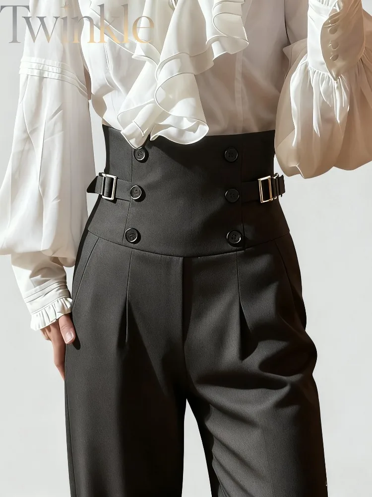 Y2K High Waist Straight Pants Women Vintage British Buttons Black Trousers Commute Thin Versatile Autumn Spring New