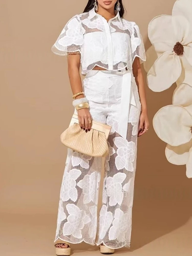 

2piece Sets Woman Outfits Summer Short Sleeve Hollow Out Knit Top and White Trouser Ladies Pant Sets Wholesale Dropshipping