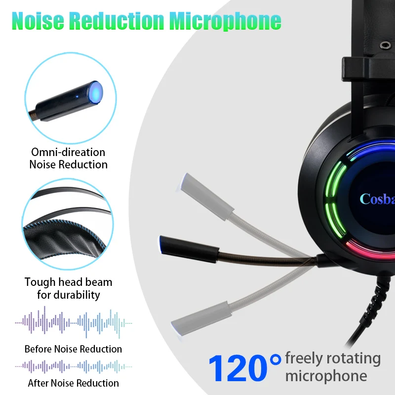 마이크 USB 유선 게이밍 헤드셋, 가상 7.1 서라운드 사운드, PC 컴퓨터 노트북용 게이머 헤드폰