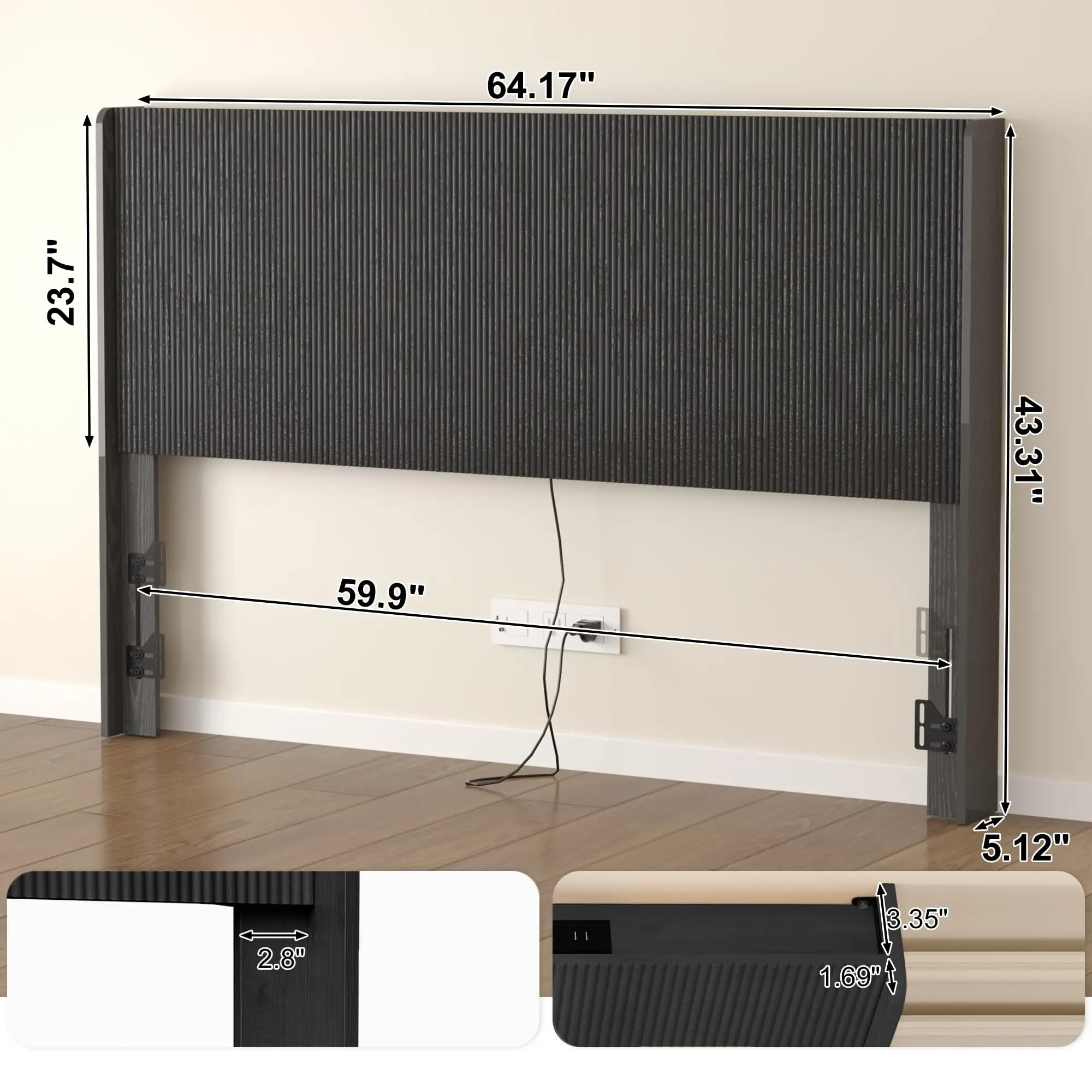 Queen Size Headboard Only, Wood Head Board with Charging Station & LED Lights, Modern Fluted Wall-Mounted Bed
