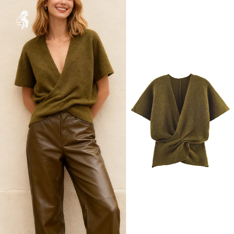 Haut en tricot noué pour femmes, col en V, manches courtes, Design Unique, adapté au travail ou aux vêtements décontractés, haut ajusté flatteur, automne