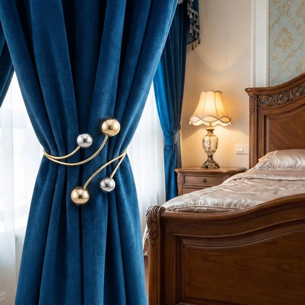 2PCS Alloy Round Bead Curtain Buckle Belt Pearl Alloy Decorative Curtain Holdback Adjustable Drapery Tiebacks Window Decor