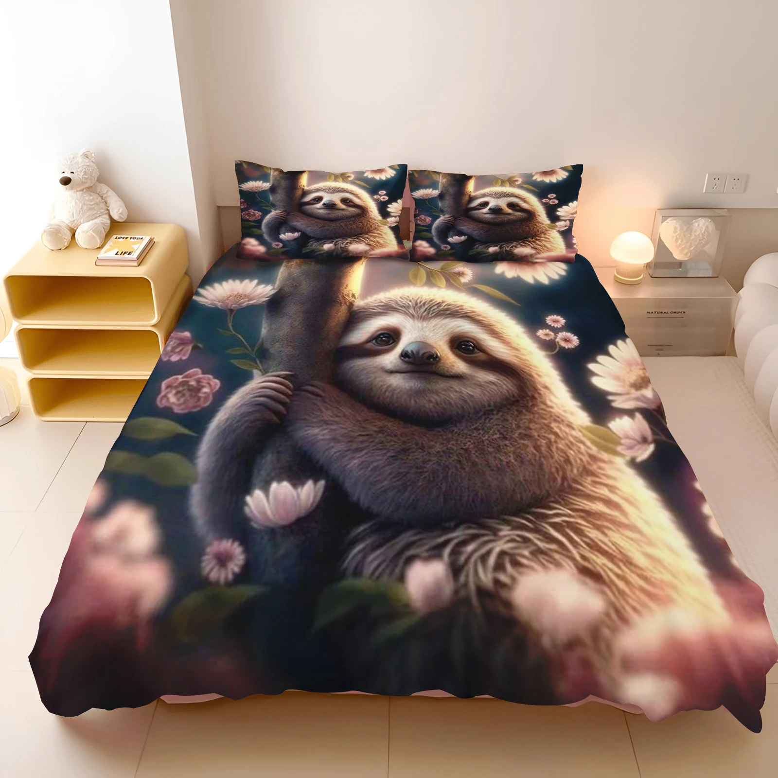 Sloth Bed Linen 135 x 200 cm Cartoon Animal Sloth Duvet Cover Microfibre Printed Bedding Sets Duvet Cover with Zip