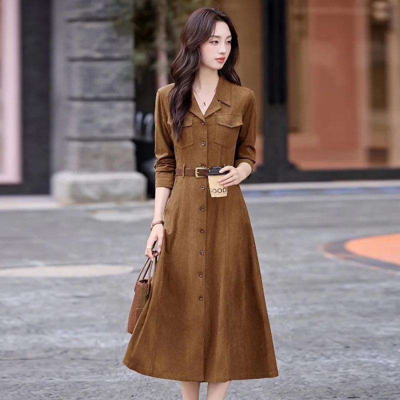 

Элегантное женское платье-рубашка макси с длинным рукавом, однобортное, с поясом, А-силуэт, весна-осень 2026