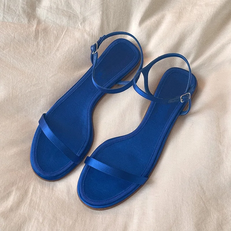 

Sheepskin Edition~Silk Blue One line Buckle with Genuine Leather Sandals Flat Bottom Simple Style Cool Dragging Women's Shoes