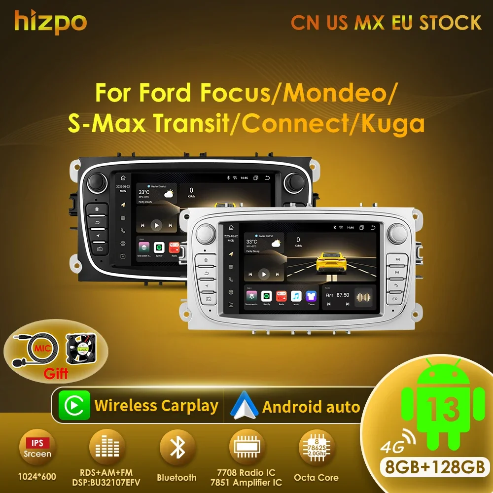 Hizpo Car Android CarPlay Radio Multimedia Player For Ford Focus S-Max Mondeo 9 Galaxy C-Max GPS Navigation Video NO DVD 2din 7