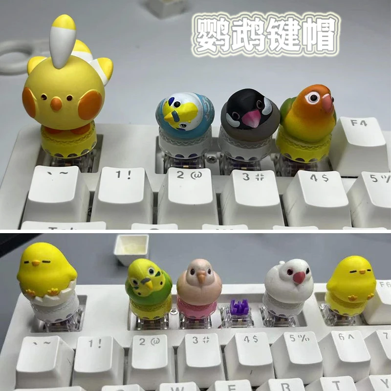 Desenhos animados Handmade Cute Parrot Keycaps, Eixo transversal, personalizado, frango criativo, teclado mecânico, novo