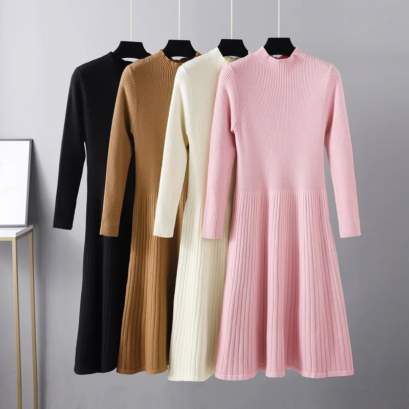 Elegant Long Knit Women Maxi Sweater Dress Mock Neck Winter Thick Warm A Line Dresses Woman Soft Pleated Midi Dress Autumn