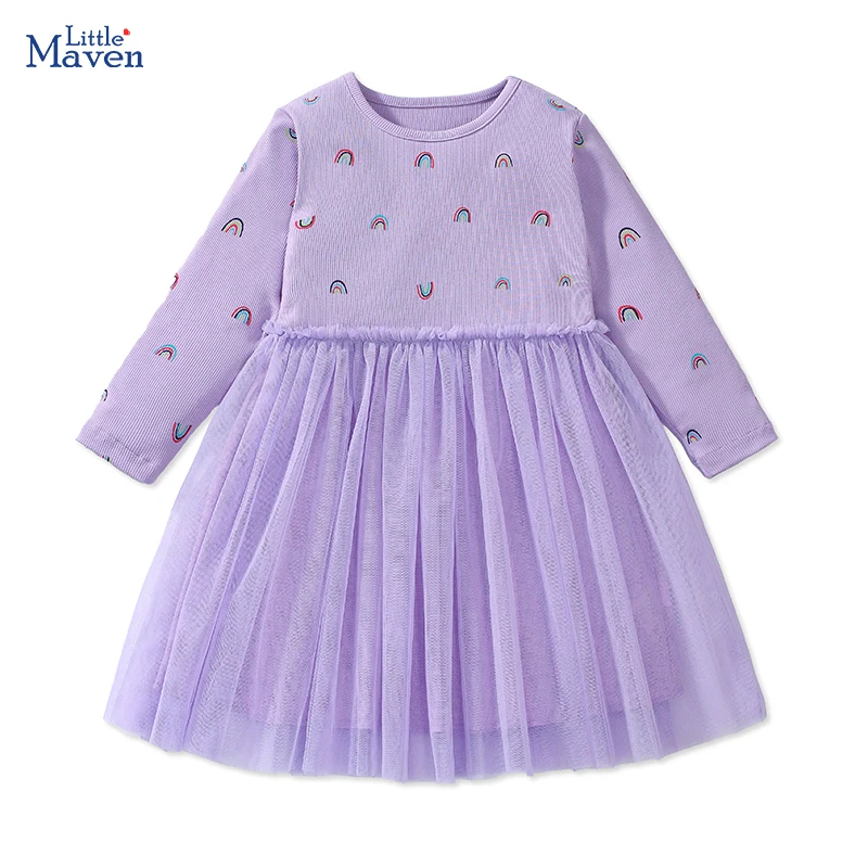 Little maven Kids Clothes 2024 Autumn Children's Clothing Spring Cotton Baby Girls Long Sleeves Cartoon Rainbow Casual Dresses