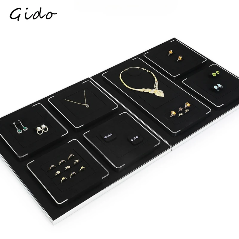 Jewelry Display Tray Black Metal Frame Multi-Compartment Velvet Lining Ring Earring Necklace Organizer Countertop Store Showcase