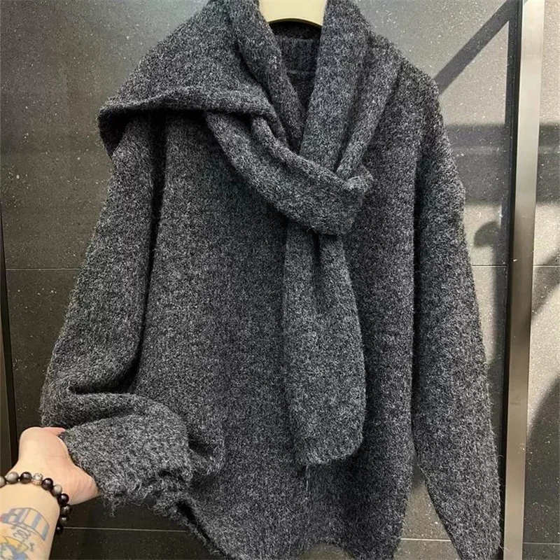 

New Casual Cashmere Sweater Women Autumn Winter Fashion V-Neck Long Sleeve Loose Pullover Solid ColorKnitted Jumpers with Scarf