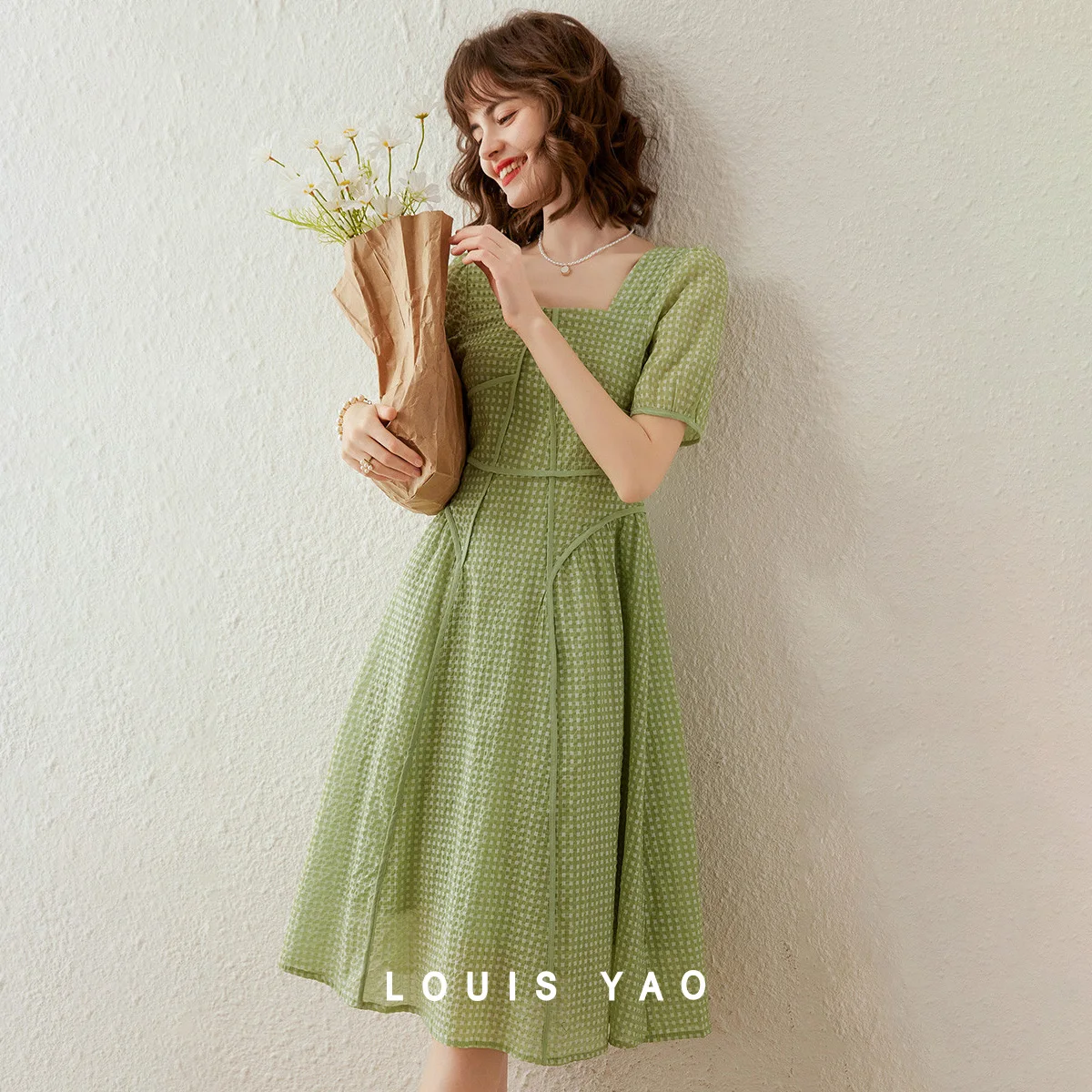 

LOUIS YAO Square Neck Puff Sleeve Women's Dress 2025 Summer 100% Cotton Elegant Stylish Design with Dividing Lines A-line Dress