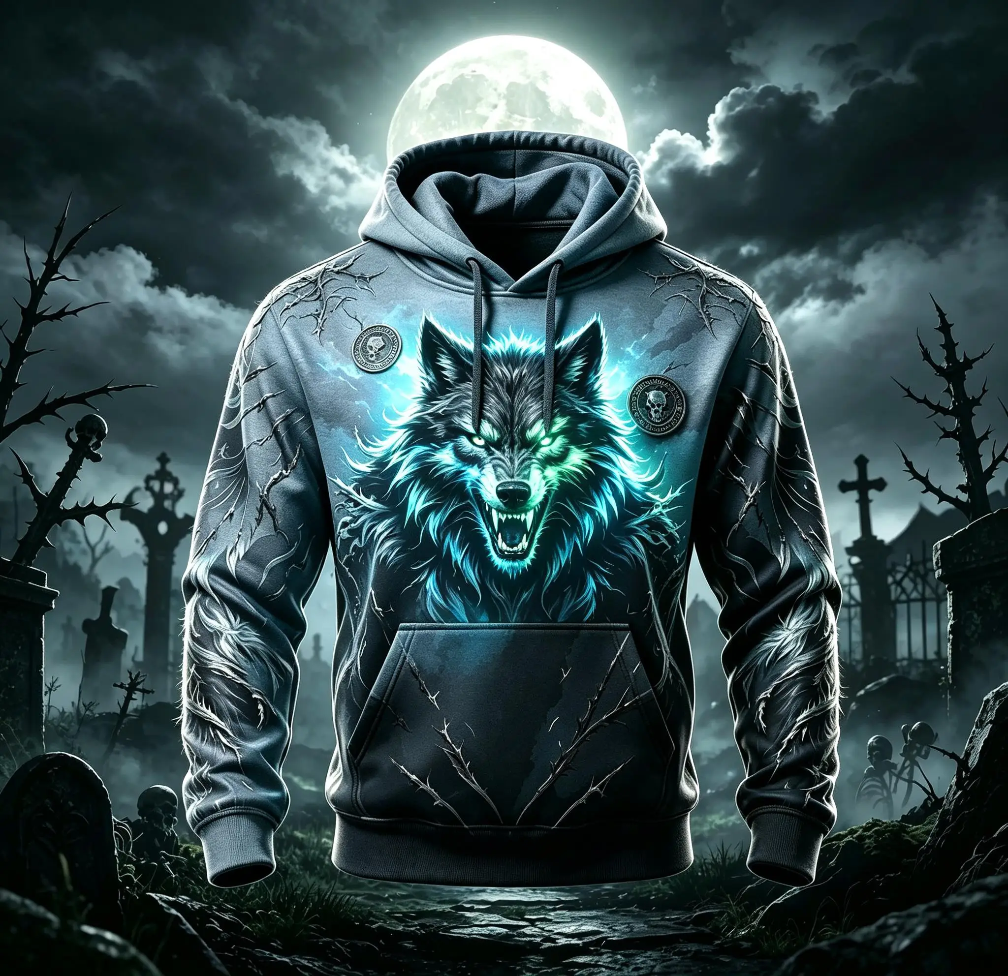 Men Fleece Lined Hoodie Full Moon Werewolf Thorn Graveyard Print Pullover Halloween Sweatshirt