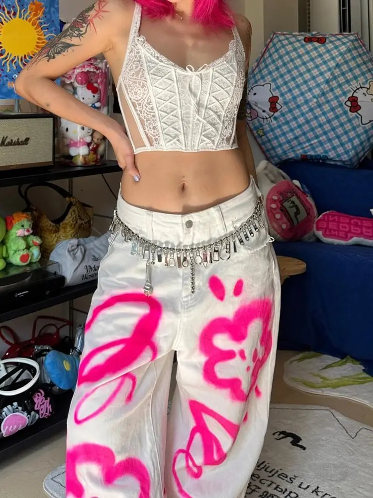 

Women's White Phosphor Hand-Painted Graffiti Jeans Retro Y2k American Street Punk High Waist Wide-Leg Pants Straight Trousers
