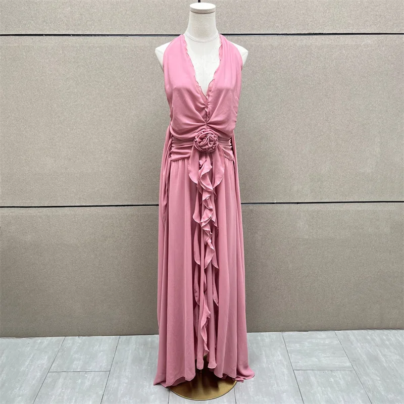 

Women's dress 2026 summer new lace up slim fit sleeveless long dress 3D flower decorated V-neck dress y2k Backless party dresses