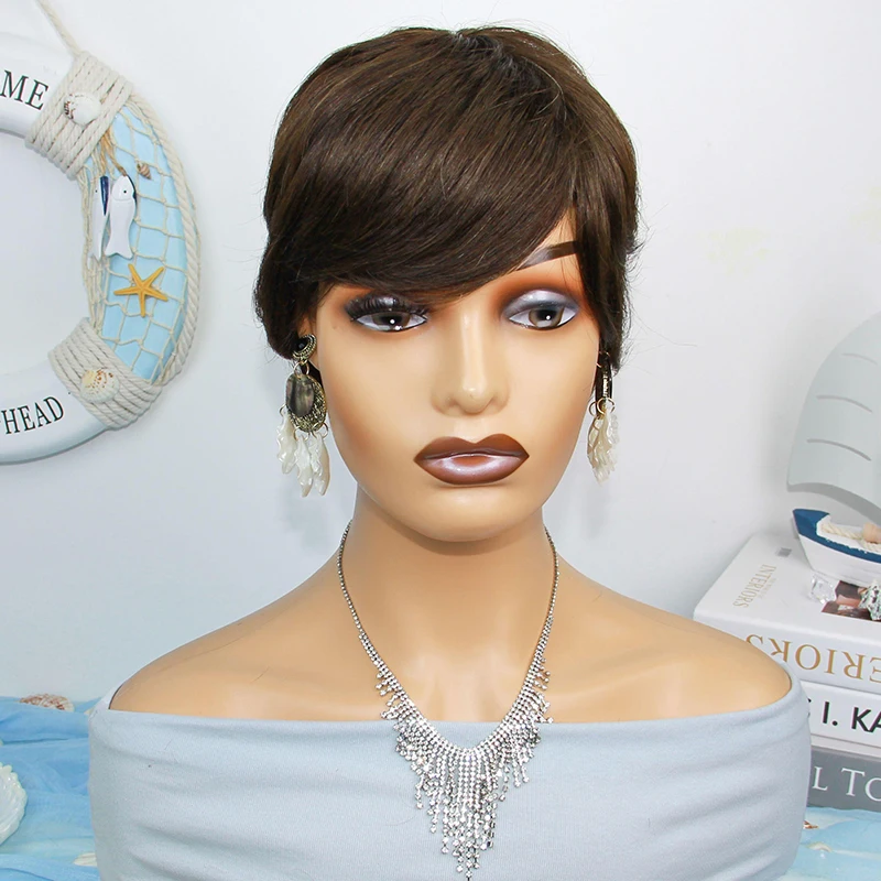 Dark Brown Pixie Cut Wigs Human Hair Brazilian Remy Hair Cheapest Pixie Cut Wig Human Hair Full Machine Make Wig On Sale