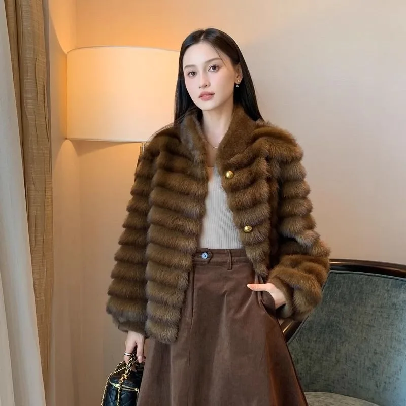 Mantel Bulu Imitasi Mink Ungu Ramah Lingkungan, Model Longgar Kerah Tegak untuk Musim Gugur dan Musim Dingin, Mantel Pendek Wanita dengan Sentuhan Mewah
