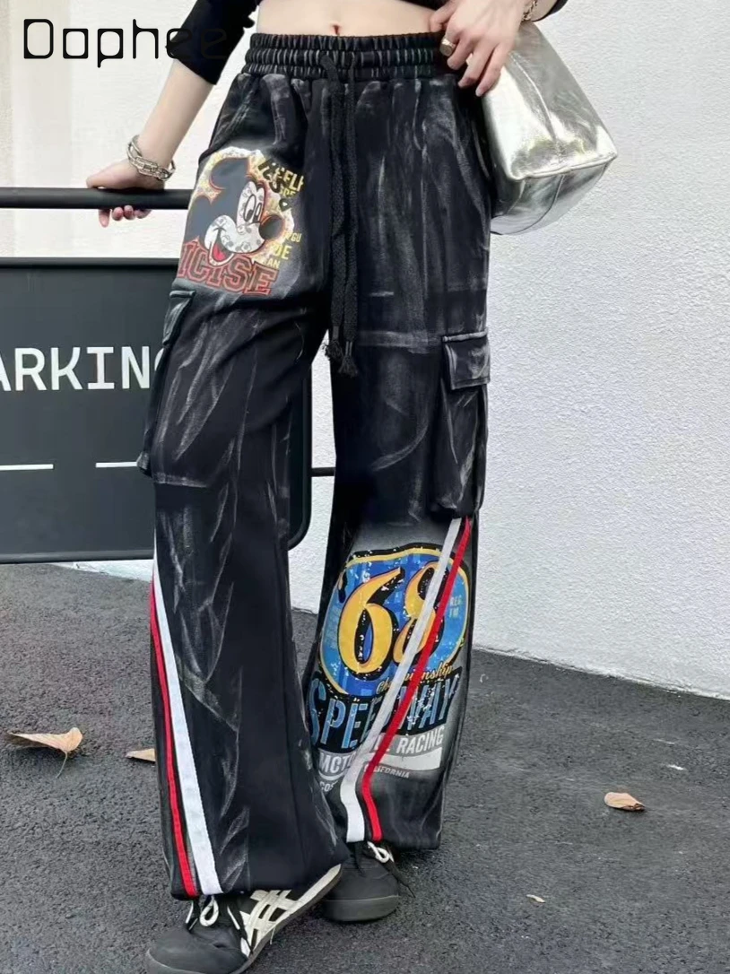 

Лето 2025 г., винтажные прямые брюки из стираного хлопка с эластичной резинкой на талии, европейские рваные повседневные брюки с прочной боковой нашивкой, уличный стиль